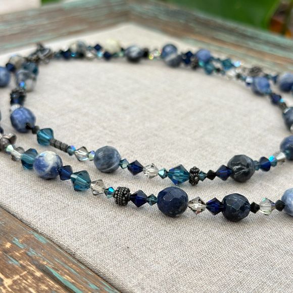 Sodalite Stone Pendant Crystal Beaded Double Strand Sterling Silver Necklace 11" - Picture 12 of 13